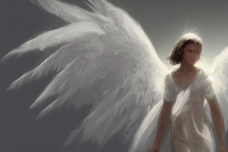 Image similar to a white angel with feathered wings open, digital art in the style of Craig Mullins , 4k