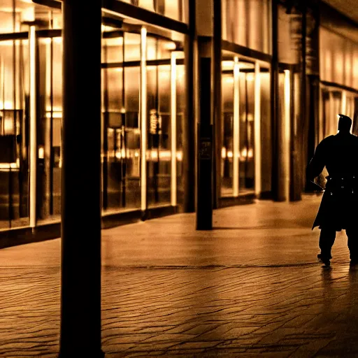 Image similar to a samurai walks alone through a mall at night, gloomy, dark, foggy, night, ominous, dark color, atmospheric, cinematic lighting, intricate detail?