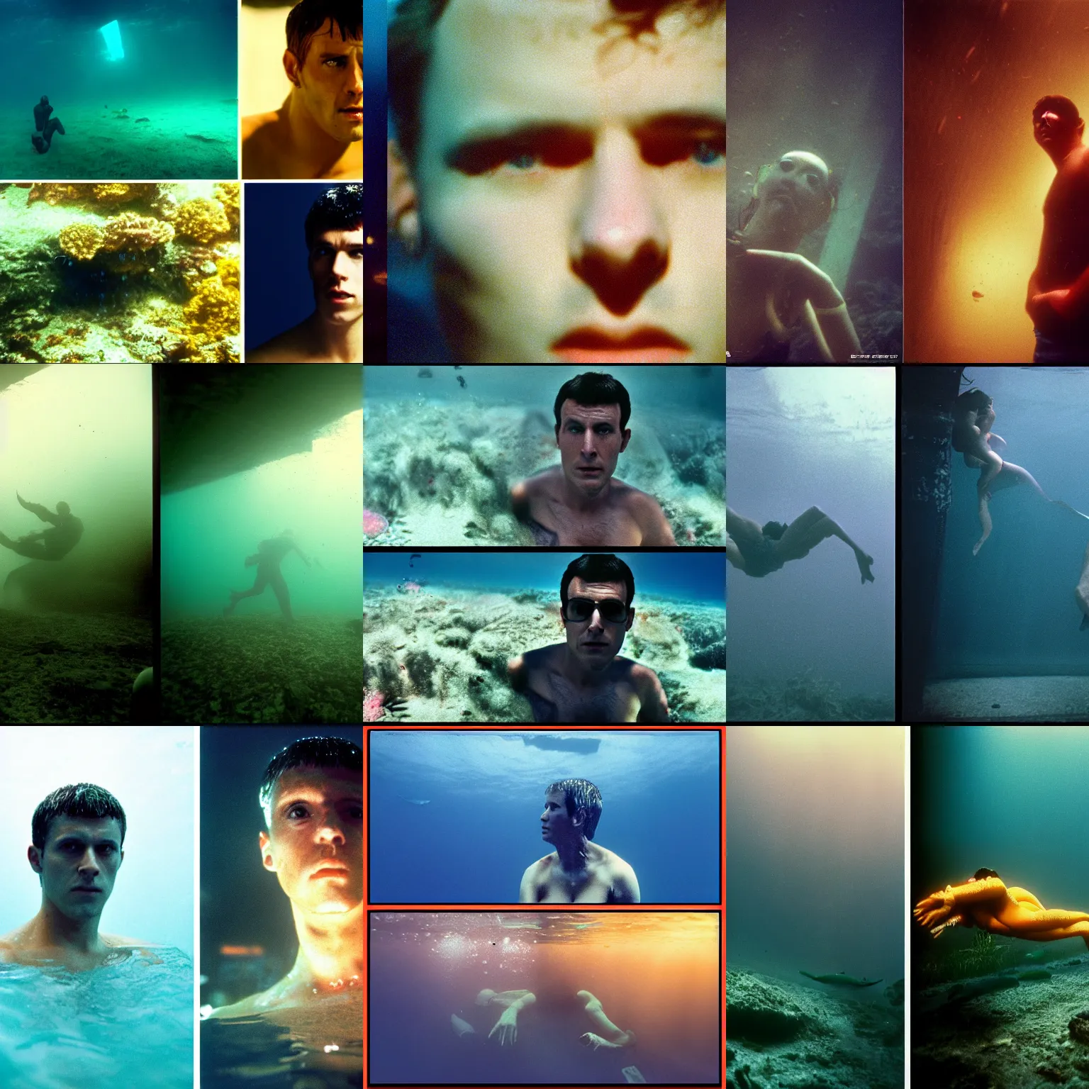 Prompt: Kodak portra 160, 4K, split screen: famous french actor in low budget blade runner movie remake, underwater scene