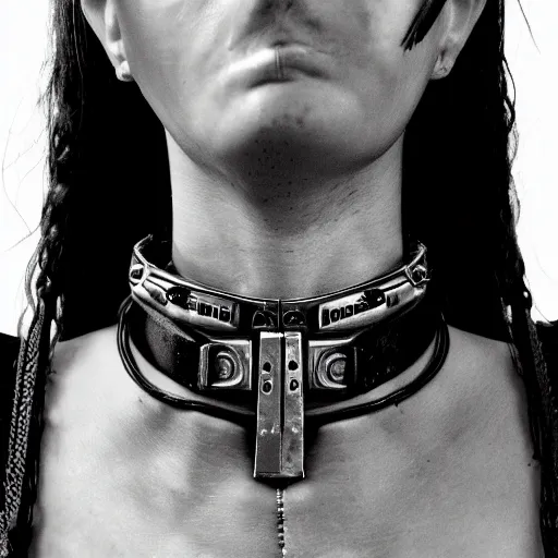 Prompt: detailed realistic female character cyberpunk wearing thick steel collar around neck, realistic, art, beautiful, 4K, collar, choker, collar around neck, punk, artstation, detailed, female, woman, choker, cyberpunk, neon, punk, collar, choker, collar around neck, thick collar, choker around neck, wearing choker, wearing collar, eyes, thick collar,