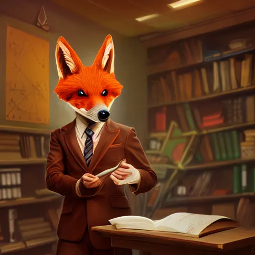 Prompt: award - winning extremely detailed fantasy art of a cute male anthropomorphic vulpes vulpes fulva teacher wearing suit working at a school, 4 k cinematic still photography, dramatic lighting, lifelike hyper realistic