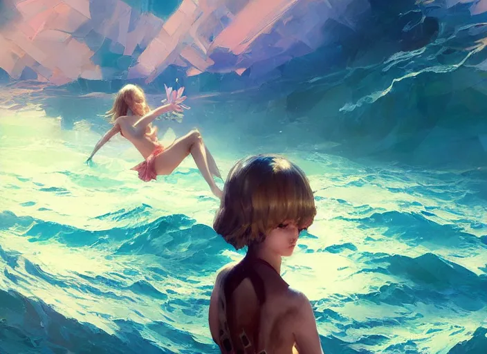 Image similar to gorgeous inspiring girl swimming through rough sea of kittens Mandelbrot fractal by Craig Mullins, ilya kuvshinov, krenz cushart, artgerm trending on artstation by Edward Hopper and Dan Mumford and WLOP and Rutkovsky, Unreal Engine 5, Lumen, Nanite, low poly