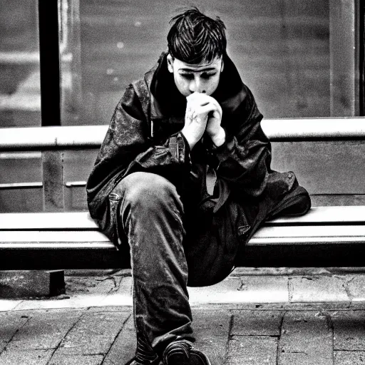 Prompt: black and white fashion photograph, highly detailed portrait of a depressed white drug dealer sitting on a bench on a busy Paris street, looking into camera, eye contact, natural light, rain, mist, lomo, fashion photography, film grain, soft vignette, sigma 85mm f/1.4 1/10 sec shutter