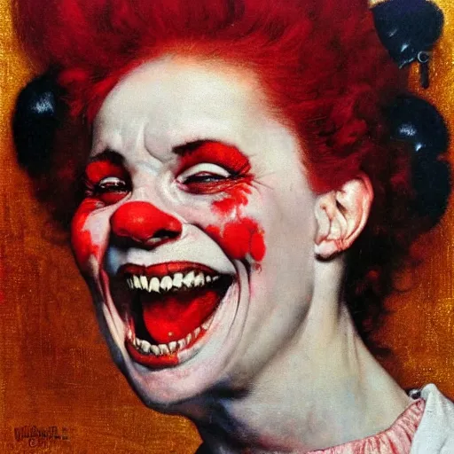Image similar to Front portrait of a cackling punk woman with a red face. A painting by Norman Rockwell.