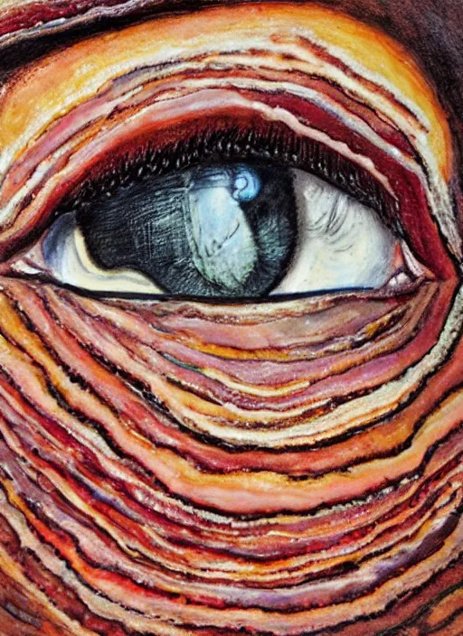 Image similar to portrait of a stunningly beautiful eye, multiplied, bacon