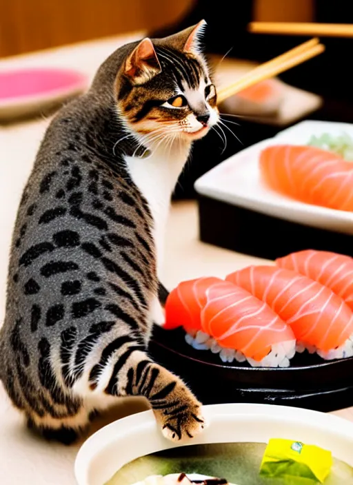 Image similar to clear photograph of cute cats stealing sushi from sushi plates