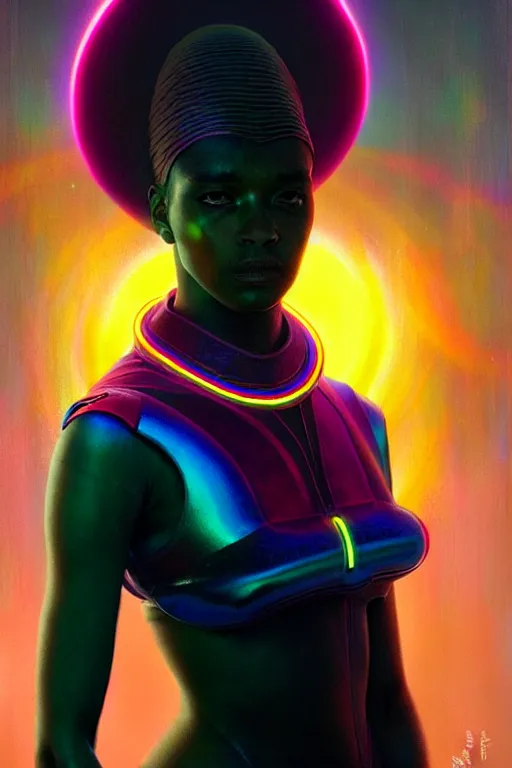 Prompt: patron saint of 🛸🌈👩🏾, futuristic clothing, neon god of city character portrait, in the style of moebius, tom bagshaw, and waterhouse, cinematic lighting, beautiful, elegant, oil painting,