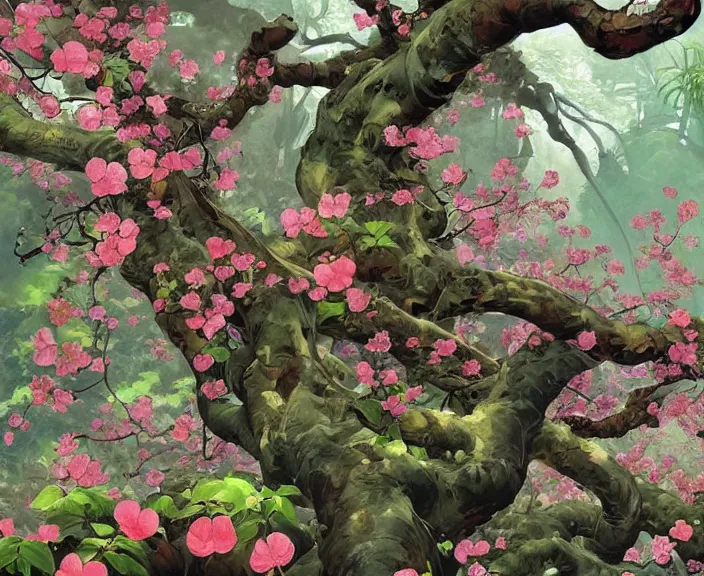 Prompt: cherry blossom jungle with rose petal vines swirling around tree trunks, by shigenori soejima, by frank frazetta, digital painting masterpiece, beautiful brush strokes, advanced lighting technology, symmetry!!!