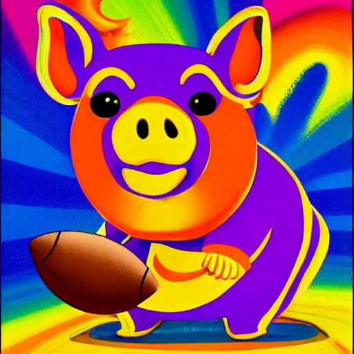 Image similar to lisa frank dashing pig wearing a simple gold throwing a football in the style of peter max