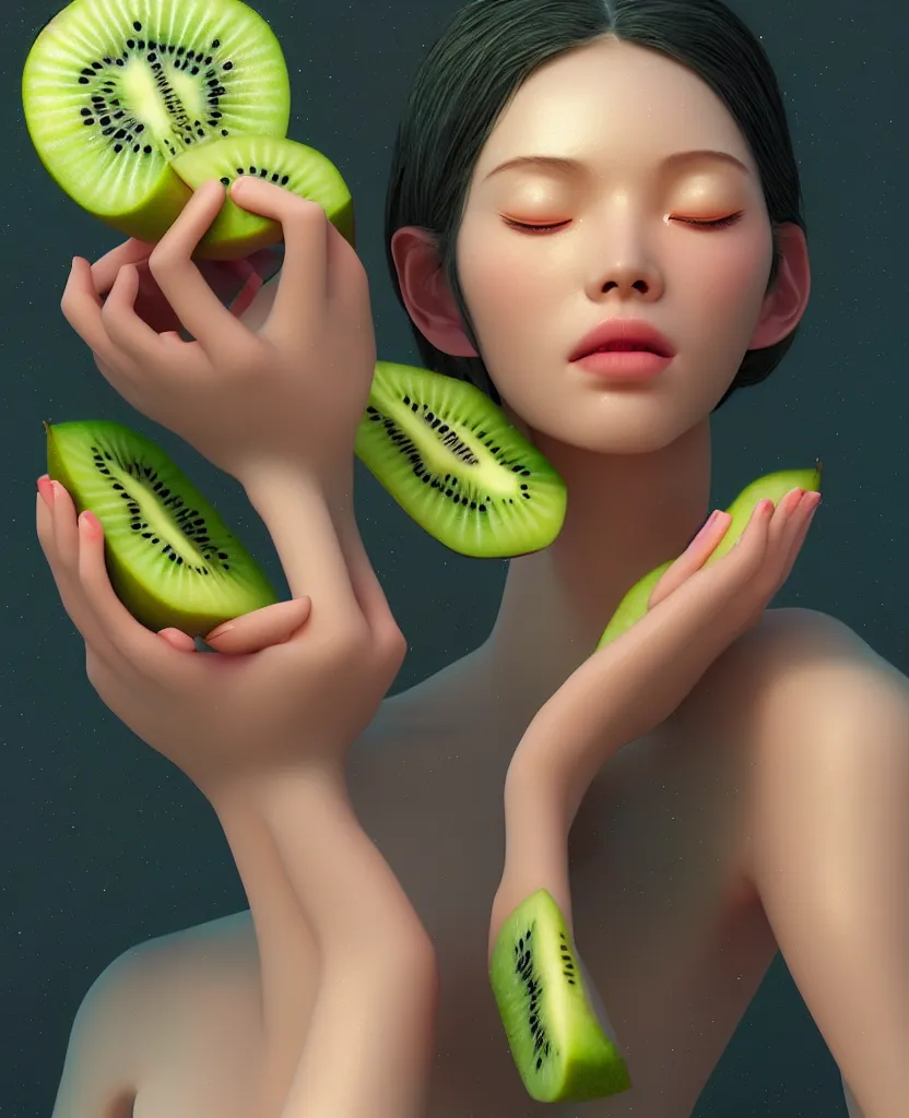 Image similar to goddess close - up yougurt girl, mango fruit, kiwi fruit, mango fruit bioluminiscent, intricate artwork by tooth wu and wlop and beeple. octane render, trending on artstation, greg rutkowski very coherent symmetrical artwork. cinematic, hyper realism, high detail, elegant, octane render, 8 k