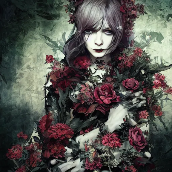 Image similar to goth christina hendricks with flowers in her hand, tankoban, 4 k, tone mapping, akihiko yoshida, james jean andrei riabovitchev marc simonetti, yoshitaka amano, long hair, curly, h. hydrochaeri