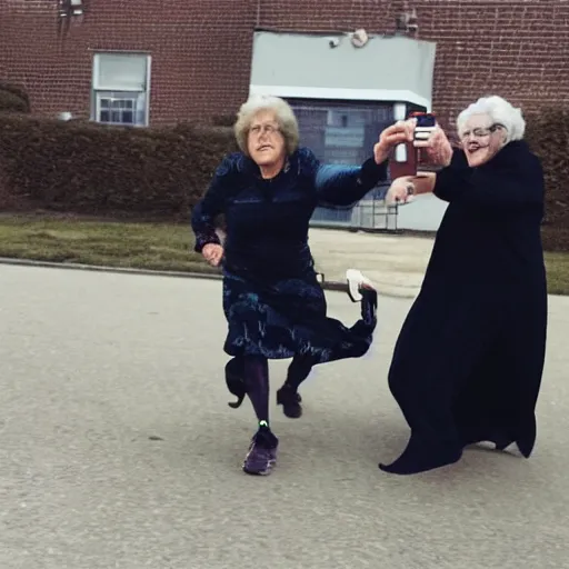 Image similar to high quality selfie photo of grandma being chased by batman