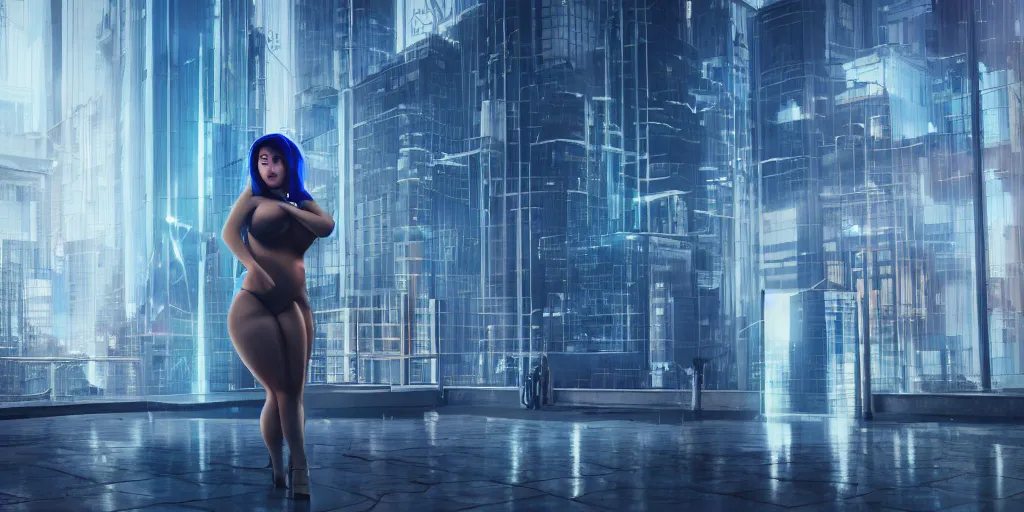 Prompt: A voluptuous sexy Asian female with blue hair and glowing eyes wanders, hyperrealistic, cyber universe, glass buildings, volumetric lightning, reflections, octane render 8K