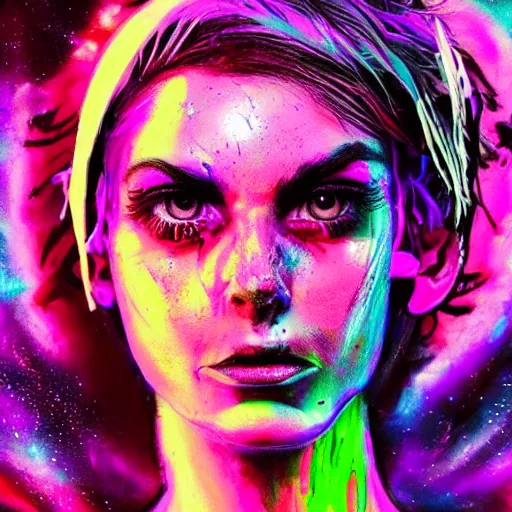 Image similar to splashes of neon galaxies, mowhawk, punk women portrait made out of paint, trending on artstation, epic composition, emotional, beautiful, rendered in octane, highly detailed, realistic, tim burton comic book art, sharp focus, unreal engine