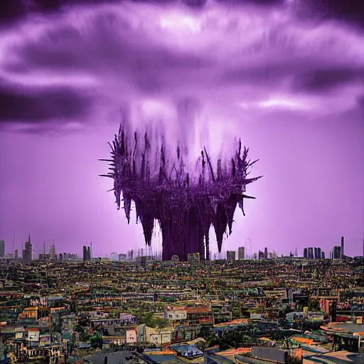 Image similar to by nathan wirth, by john berkey manmade cool violet, cow print. a beautiful installation art of a large, orange monster looming over a cityscape. the monster has several eyes & mouths, & its body is covered in spikes. it seems to be coming towards the viewer, who is looking up at it in fear.