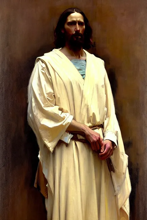 Image similar to leyendecker and solomon joseph solomon and richard schmid and jeremy lipking victorian loose genre loose painting full length portrait painting of jesus