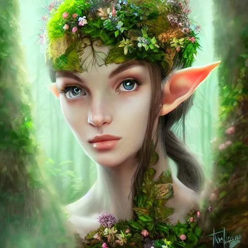 Image similar to a picture of a forest elf cloths in flowers and leaves, high fantasy, elegant, epic, detailed, intricate, digital painting, concept art, realistic, smooth, focus, rim light,