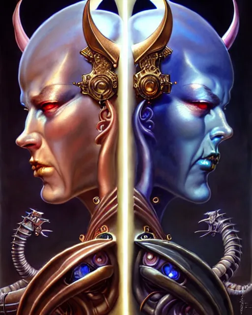 Image similar to beautiful gemini good and evil fantasy character portrait, ultra realistic, wide angle, intricate details, the fifth element artifacts, highly detailed by peter mohrbacher, hajime sorayama, wayne barlowe, boris vallejo, aaron horkey, gaston bussiere, craig mullins