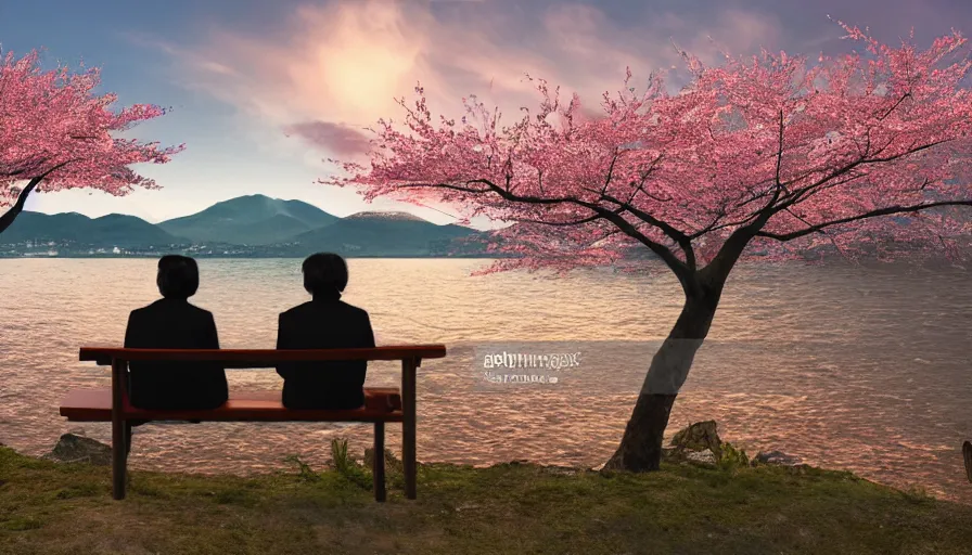 Image similar to back view of an old japanese couple watching sunset while sitting on the bench, cherry blossoms, village in the horizon, lake, paint by osamu tezuka, hyperdetailed, artstation, cgsociety, 8 k