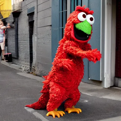 Prompt: godzilla elmo hybrid destroying sesame street