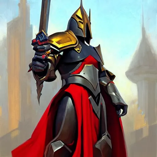 Image similar to greg manchess portrait painting of armored lord momon with red cloak as overwatch character, medium shot, asymmetrical, profile picture, organic painting, sunny day, matte painting, bold shapes, hard edges, street art, trending on artstation, by huang guangjian and gil elvgren and sachin teng
