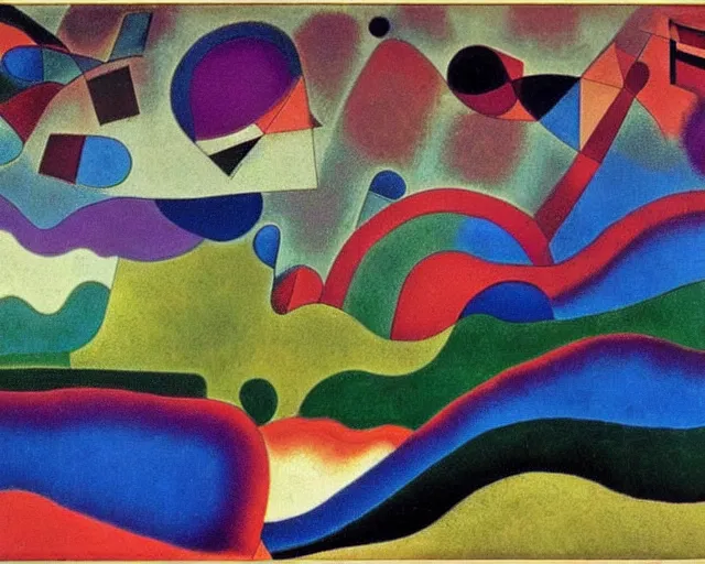 Image similar to A wild, insane, modernist landscape painting. Wild energy patterns rippling in all directions. Curves, organic, zig-zags. Saturated color. Mountains. Clouds. Rushing water. Waves. Sci-fi dream world. Kandinsky. Yves Tanguy. Paul Klee.