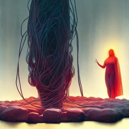 Image similar to liminal!!, portrait, shore of the lake, woman, wrapped around by glowing tubes and cables, short black curly hair, glowing red, by edgar maxence and ross tran, zdzisław beksinski, and michael whelan, distant, gustav dore, h. r. giger, 8 k, octane render