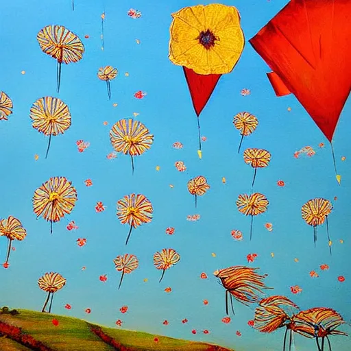 Prompt: A wonderful painting of a landscape with Taraxacum officinale flowers with their seeds flying, paper boats and a kite flying through the sky painted in the style of artist Shamsia Hassani