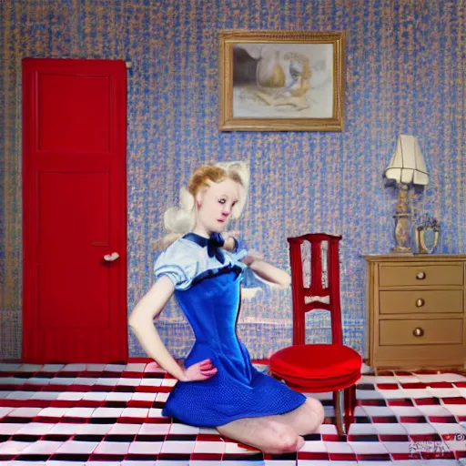 Image similar to alice in the wonderland, sitting, checkered floor, chair, blue dress, red door blonde, light by cheval michael