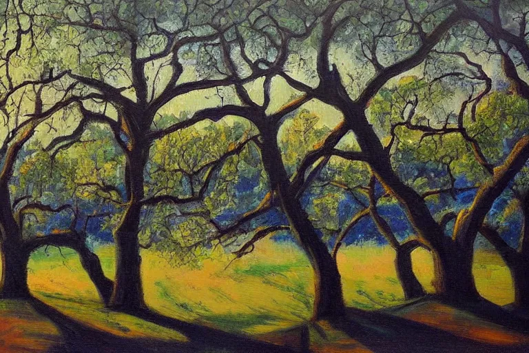 Prompt: masterpiece painting of oak trees on a hillside overlooking a creek, dramatic lighting, by tom hammick