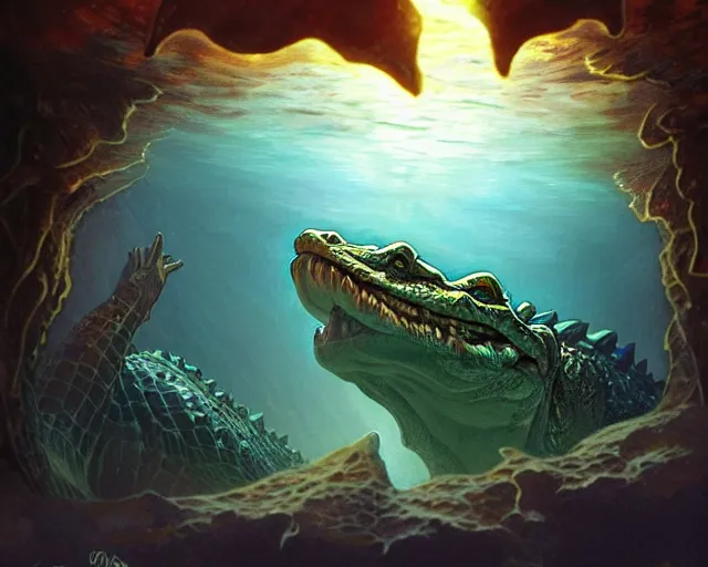 Prompt: a crocodile underwater discovering a glowing key on the bottom of a lake, deep focus, d & d, fantasy, intricate, elegant, highly detailed, digital painting, artstation, concept art, matte, sharp focus, illustration, hearthstone, art by artgerm and greg rutkowski and alphonse mucha