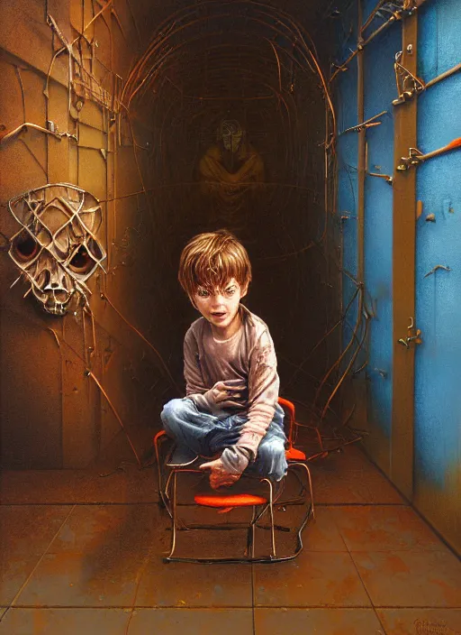 Prompt: realistic detailed image of an boy sitting on a chair in an old soviet asylum padded cell and looking at the scared enlightened angel standing in the corner by Ayami Kojima, Amano, Karol Bak, Greg Hildebrandt, and Mark Brooks, Neo-Gothic, gothic, rich deep colors. Beksinski painting, part by Adrian Ghenie and Gerhard Richter. art by Takato Yamamoto. masterpiece by Francis Bacon.