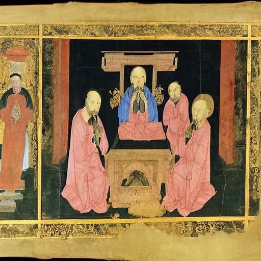 Prompt: a group of Jesuits drawing on Chinese scrolls, 15th century European fresco, masterpiece by andrei rublev