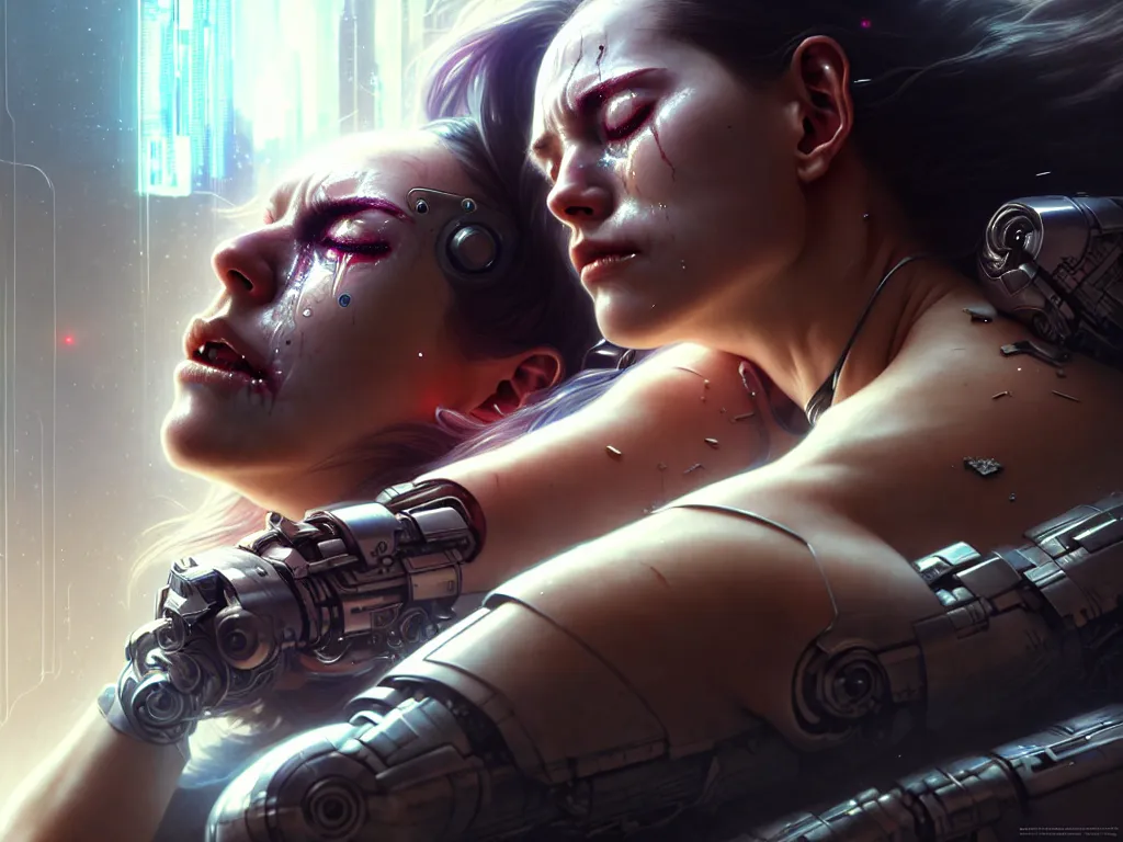 Image similar to ultra realistic, cyborg woman crying and broken and lying on a surface, helpless, alone, shattered, cyberpunk, sci-fi, fantasy, intricate details, elegant, highly detailed, photorealistic, octane render, 8k, HD, art by artgerm and greg rutkowski and alphonse mucha