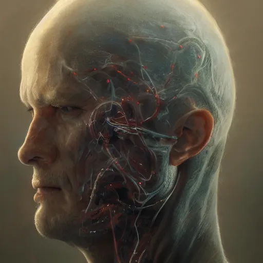 Image similar to centered front face portrait art illustration of an ultradetailed evil metaverse cyborg made of neuronal networks, by greg rutkowski and Zdzisław Beksiński, photorealistic, 8k, intricate, futuristic, dramatic light, trending on cg society