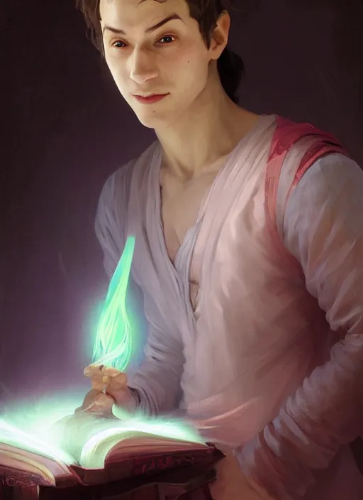 Image similar to character concept portrait of an attractive young smiling Spanish wizard with pink skin conjuring a love spell, a floating iridescent spell book in the center, intricate, elegant, digital painting, concept art, smooth, sharp focus, illustration, from Metal Gear, by Ruan Jia and Mandy Jurgens and William-Adolphe Bouguereau, Artgerm