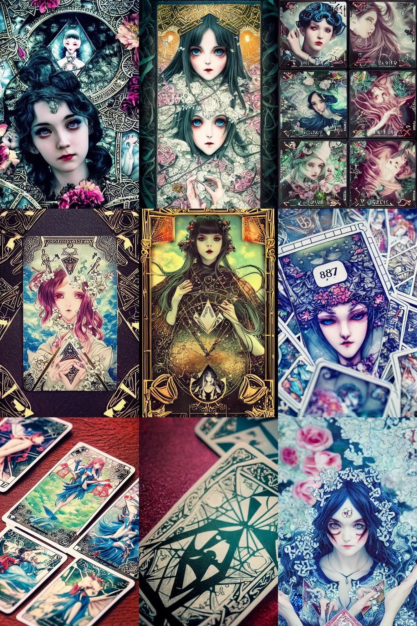 Prompt: Cinestill 50d, 8K, highly detailed, major arcana tarot death card art deco Agnieszka Lorek designed seinen manga style 3/4 extreme closeup , clear eyes, focus on card, tilt shift background: famous major arcana remake, card closeup scene