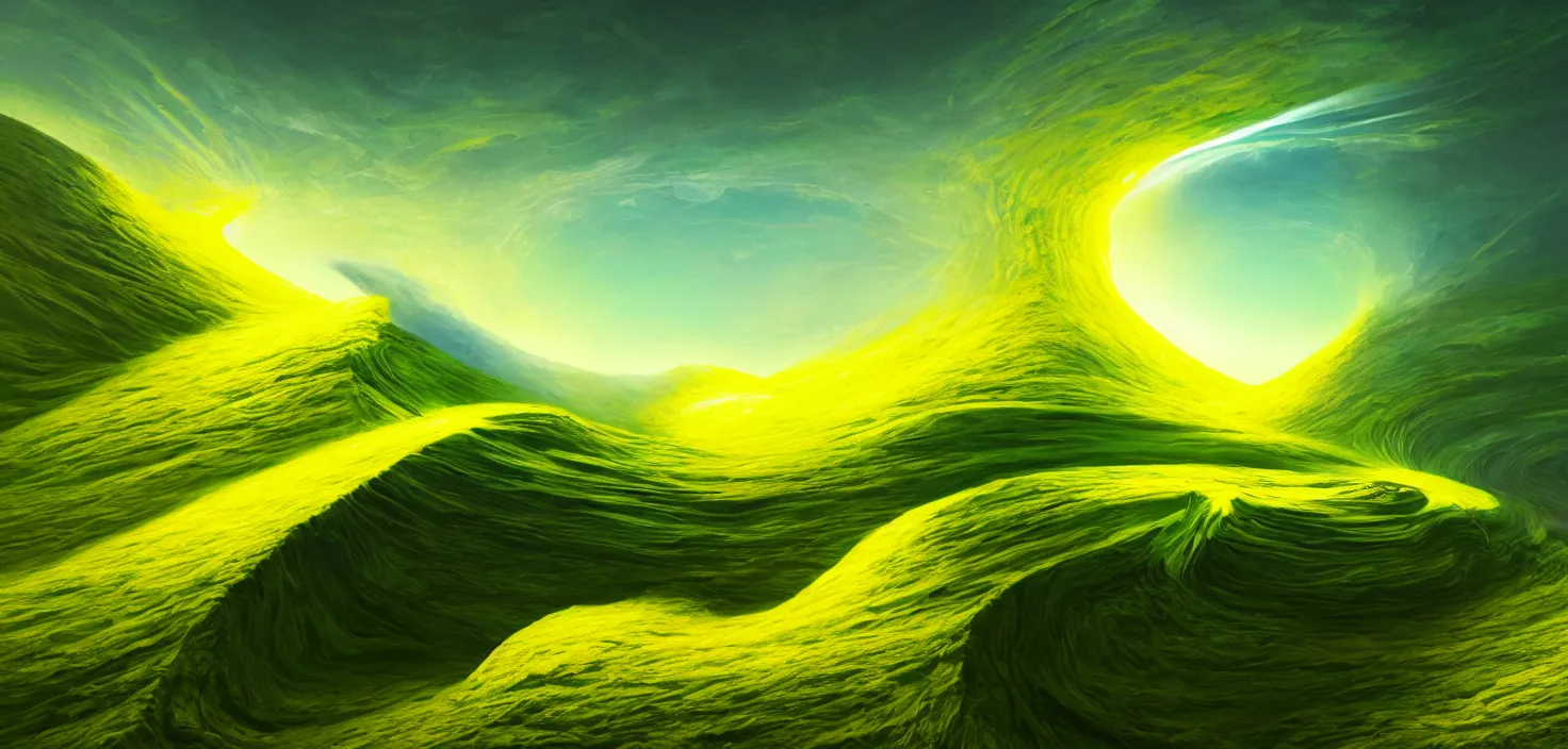 Image similar to a painting of a green and yellow swirl in the middle of a mountain, a computer rendering by mike winkelmann, shutterstock contest winner, nuclear art, tesseract, apocalypse art, concept art