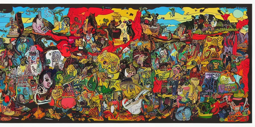 Prompt: lowbrow pop folk art in the style of robert williams,