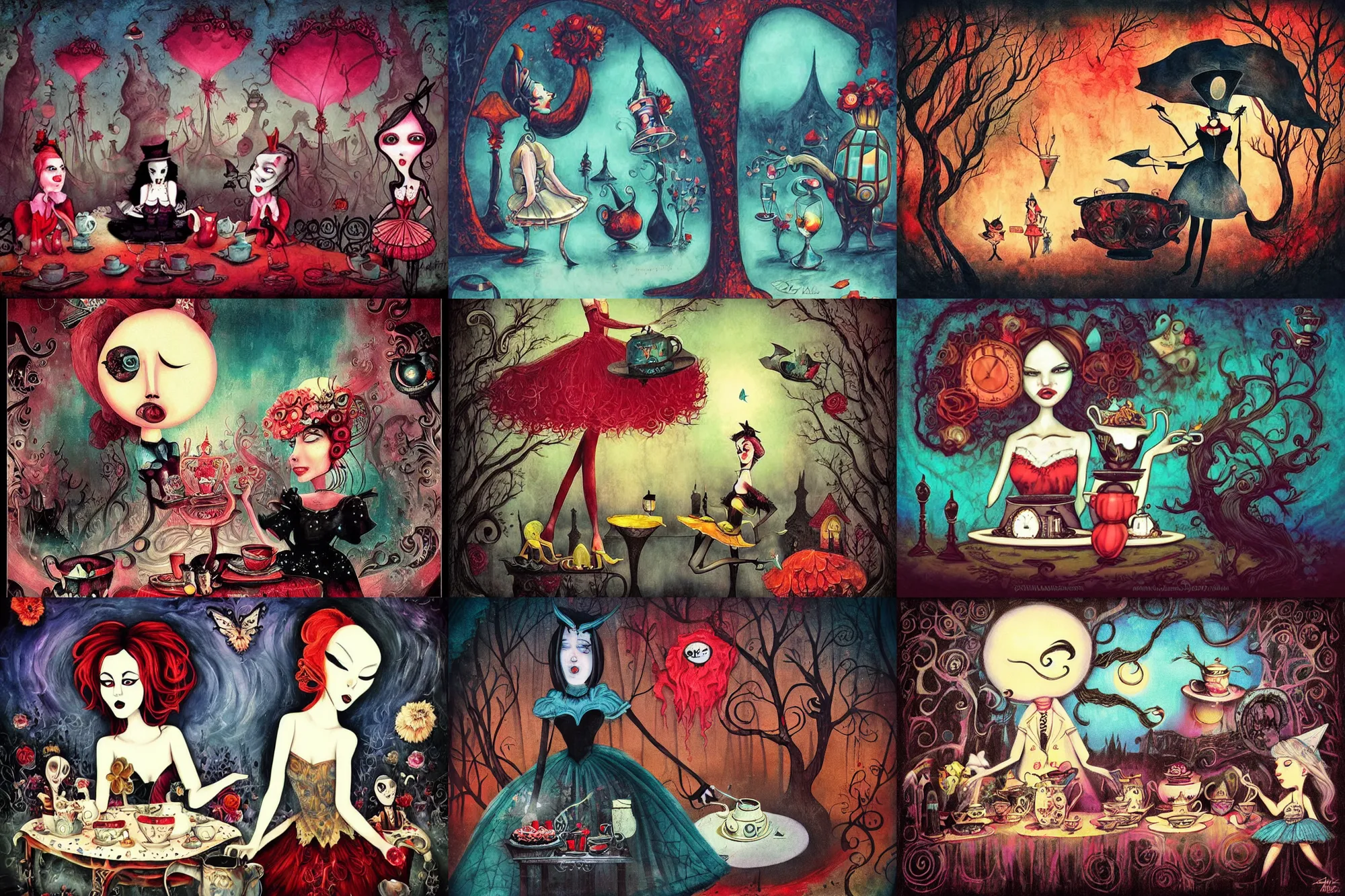 Prompt: Alice attends Mad Tea Party, dramatic, art style Megan Duncanson and Benjamin Lacombe, super details, dark dull colors, ornate background, mysterious, eerie, sinister