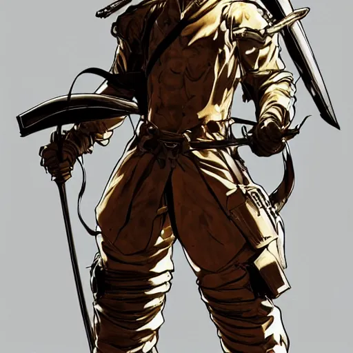 Image similar to portrait of a hero holding his sword in front of his face by yoji shinkawa, high quality, extra details, realism, ornate, colored, golden chain, blood, white skin, short hair, brown eyes, vivid, sunlight, dynamic, american man, freedom