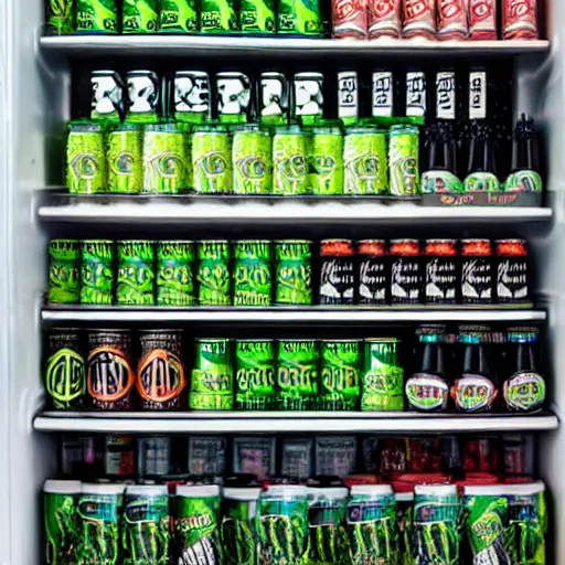 Prompt: a fridge full of monster energy drink