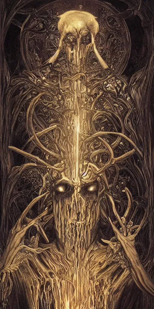 Image similar to intense glowing black metal pagan god with horns and veins and intense glowing eyes and a blood skull in very dark wooden cathedral by beksinski and alphonse mucha and artgerm and karol bak, portrait, fantasy, clear, light beams, lens flare, intense, uhd, amazing depth, cinematic lighting, shining gold and black and red