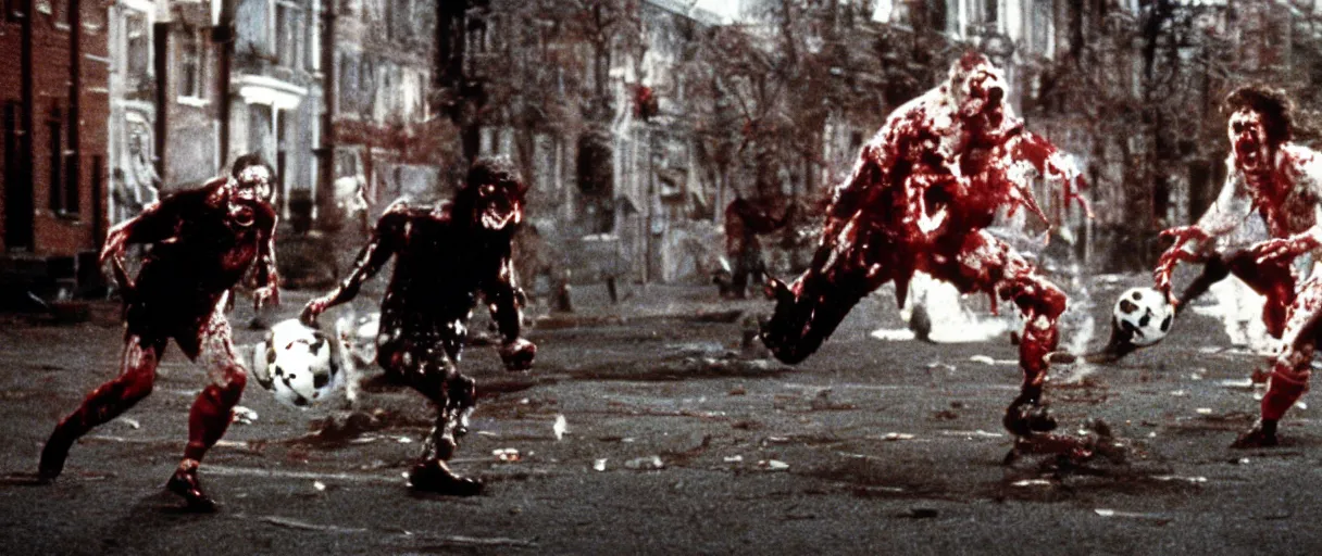 Image similar to filmic extreme wide shot dutch angle movie still 35mm film color photograph of a soccer ball demon attacking a doctor, blood splattering, in the style of The Thing 1982 horror film