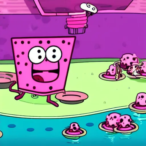 Image similar to pink jellyfish from the cartoon SpongeBob Squarepants hits SpongeBob with a metal sieve