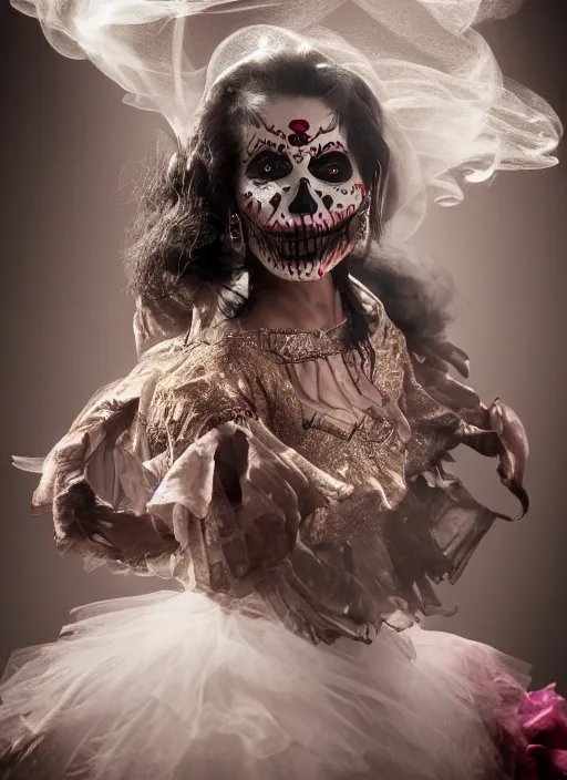 Image similar to a Photorealistic dramatic hyper realistic render of a glamorous Mexican Catrina, smoke by Ken Brower and Deborah Ory, Lois Greenfield, Beautiful dynamic dramatic dark moody lighting, volumetric, shadows, cinematic atmosphere, Octane render, 8K