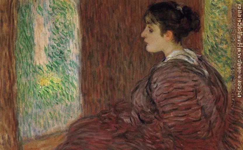 Prompt: study of a woman!! in the louvres! 19th century! by claude monet, moody!!