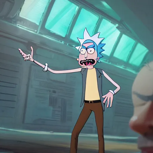 Image similar to full body pose, hyperrealistic photograph of rick sanchez from rick and morty, dim volumetric lighting, 8 k, octane beautifully detailed render, extremely hyper detailed, intricate, epic composition, cinematic lighting, masterpiece, trending on artstation, very very detailed, stunning, hdr, smooth, sharp focus, high resolution, award, winning photo, dslr, 5 0 mm