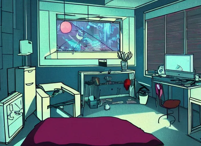 Prompt: bedroom, boring, anime, 1 9 9 0 s, retro style, aesthetic, chill, room