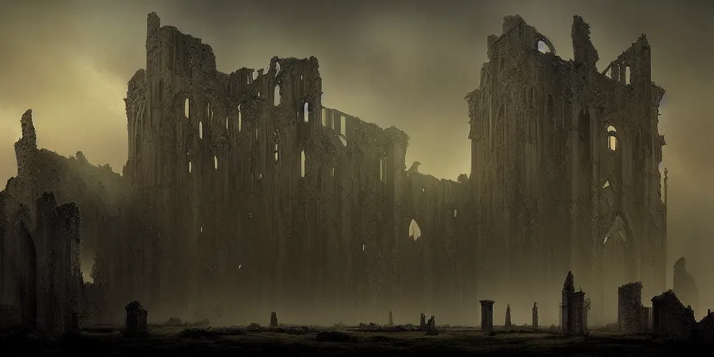 Image similar to ruins of a gothic castle, dusk, mist, dusty, ultra high definition, ultra detailed, symmetry, sci - fi, dark fantasy, dramatic lighting, by greg rutkowski and ross tran